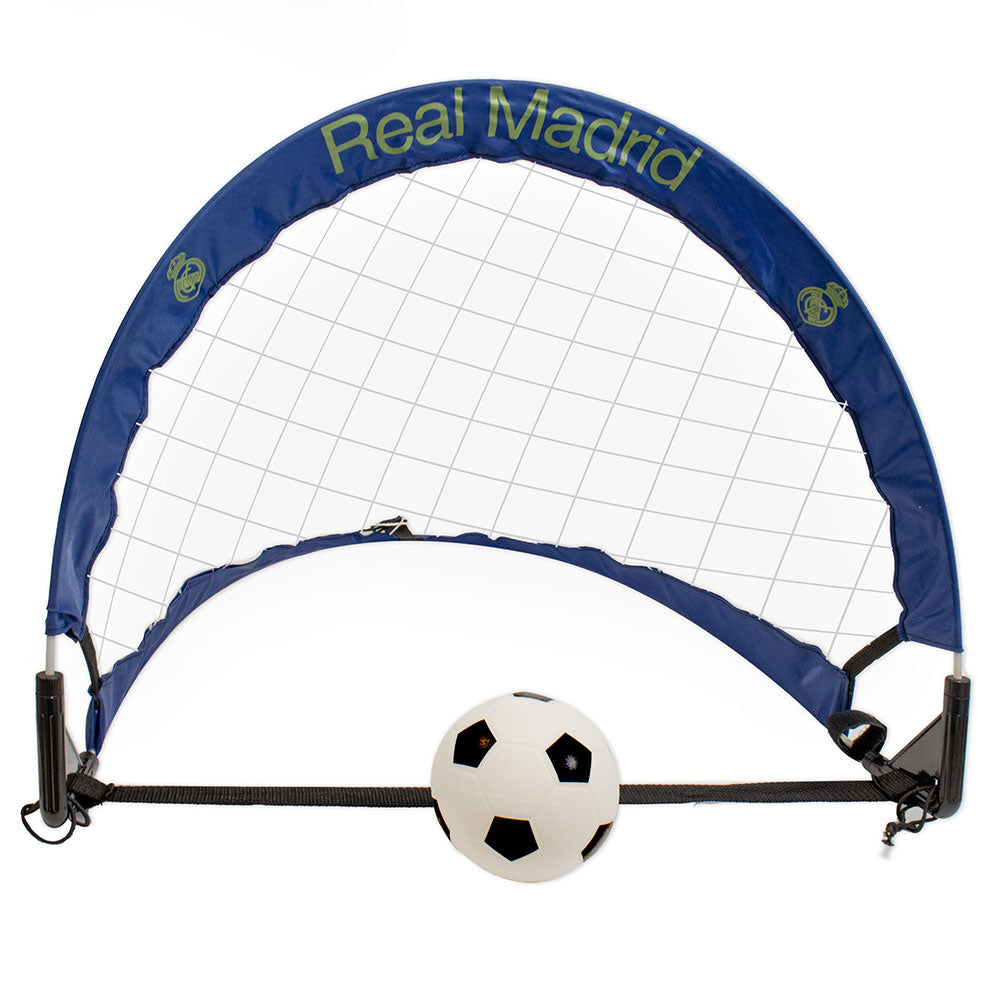 Soccer goal with 'Real Madrid' branding and a soccer ball on a white background