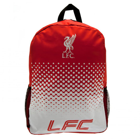 Red and white Liverpool FC backpack with LFC logo on a white background