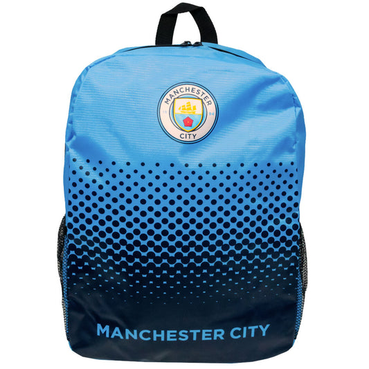 Manchester City backpack with blue and black gradient design on a white background