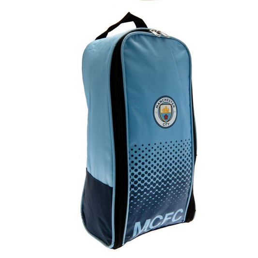 Blue and black shoe bag with Manchester City FC logo on a white background