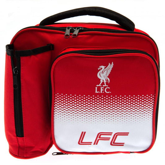 Red and white lunch bag with Liverpool FC logo on a white background