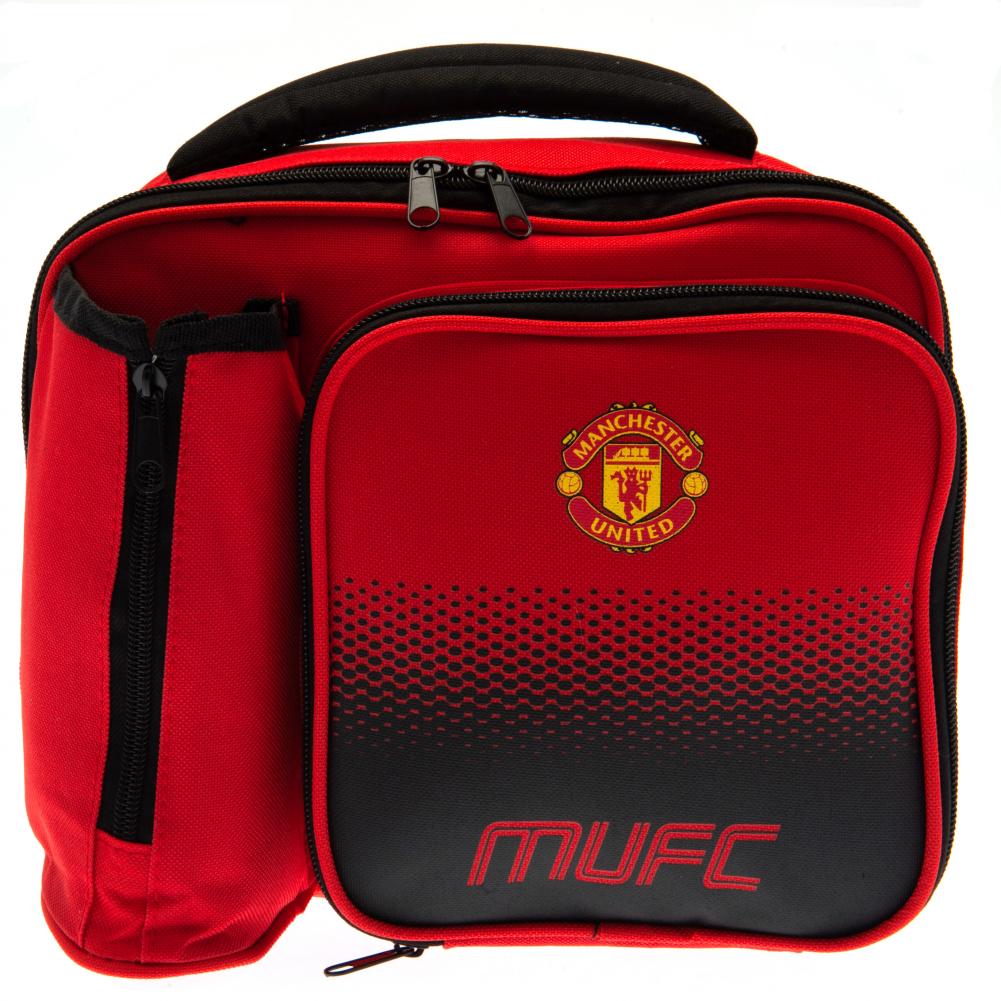 Red and black Manchester United lunch bag with logo on a white background