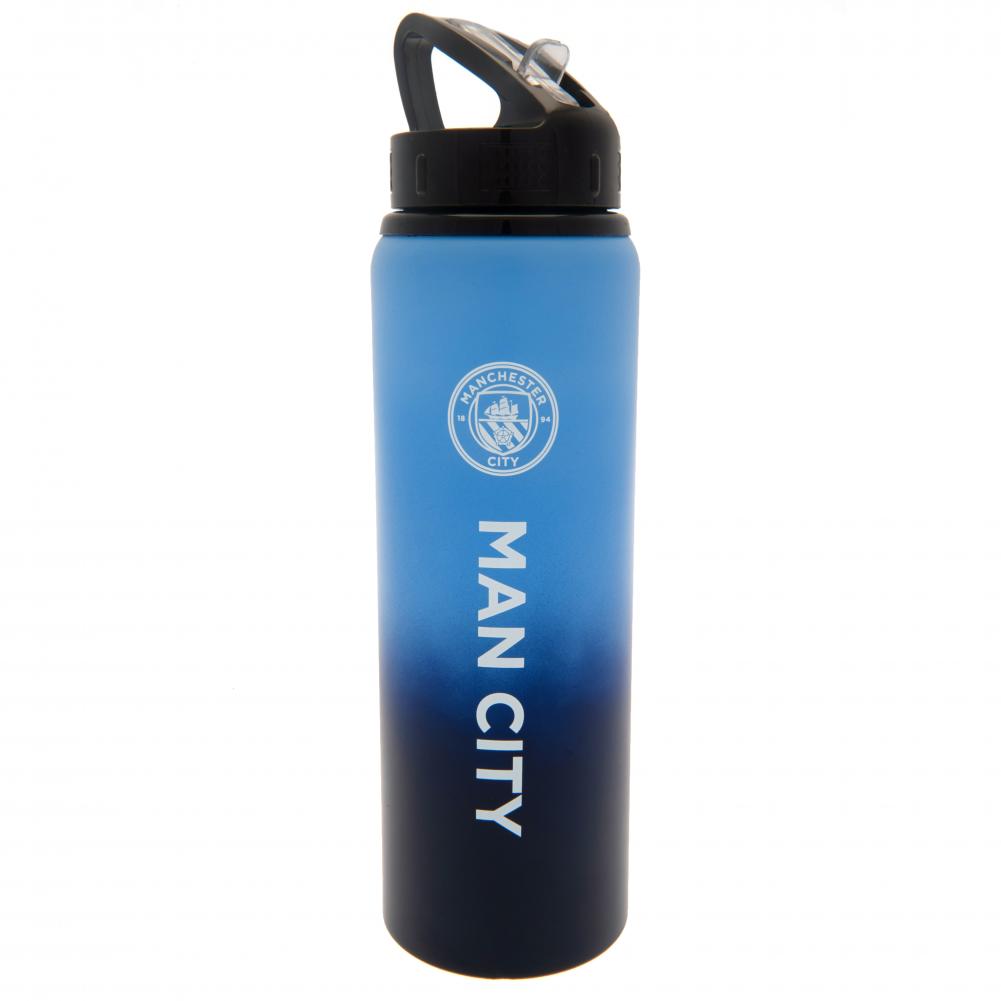 Blue and black water bottle with 'Man City' branding