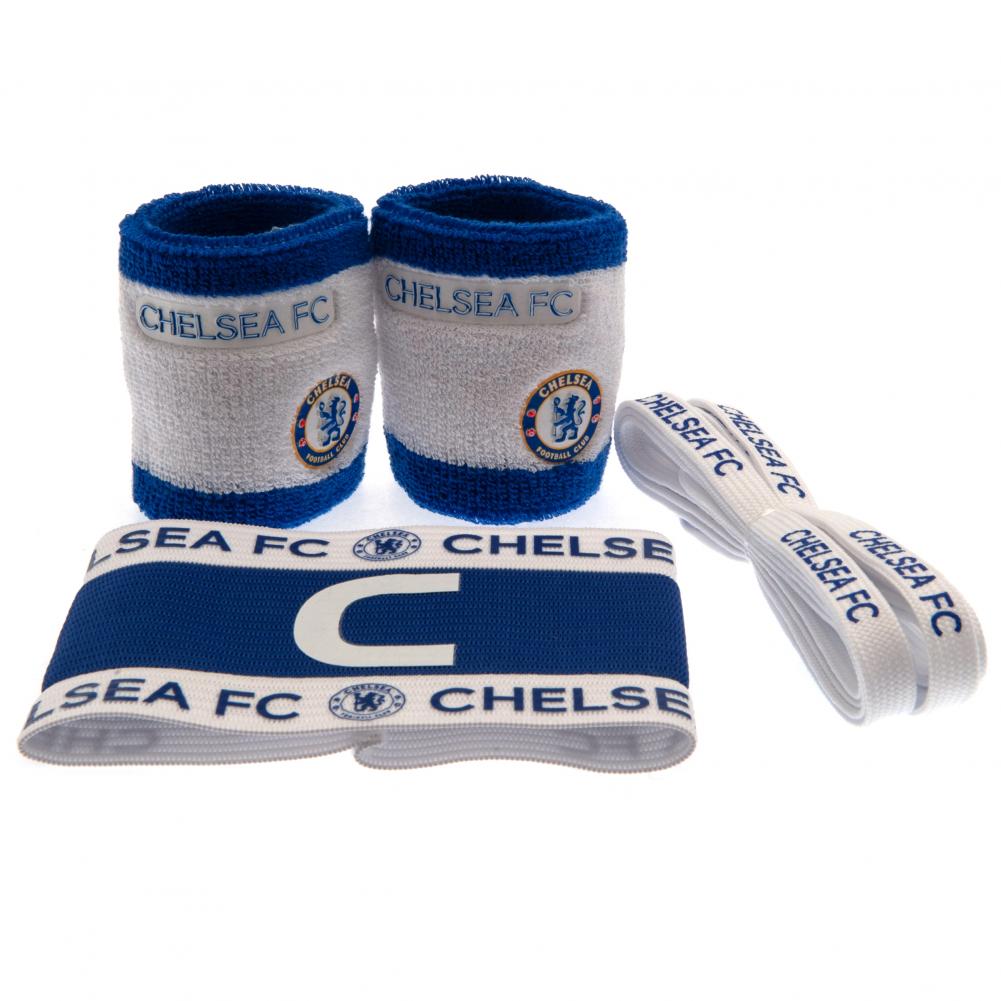 Chelsea FC wristbands and towel set on a white background