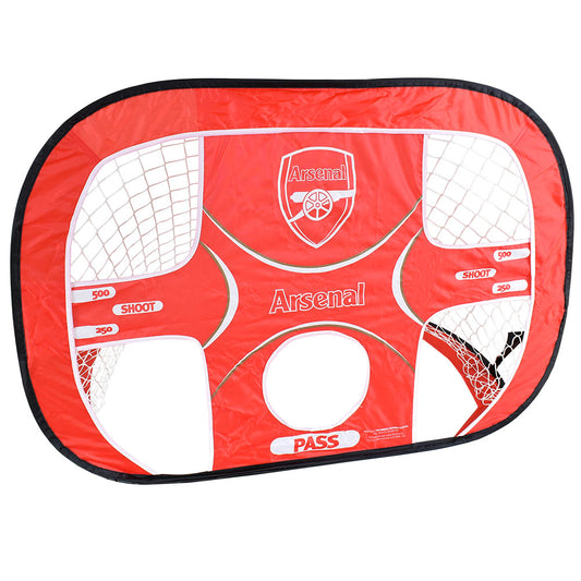 Red and white Arsenal-themed mini soccer goal with club logo on a white background