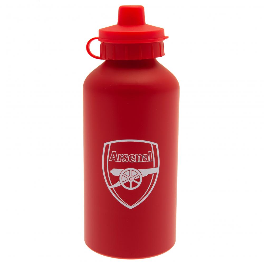 Red metal water bottle with Arsenal logo