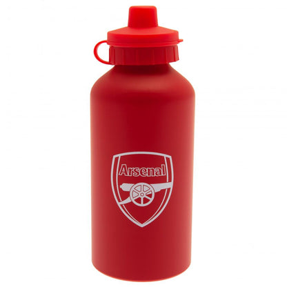 Red metal water bottle with Arsenal logo