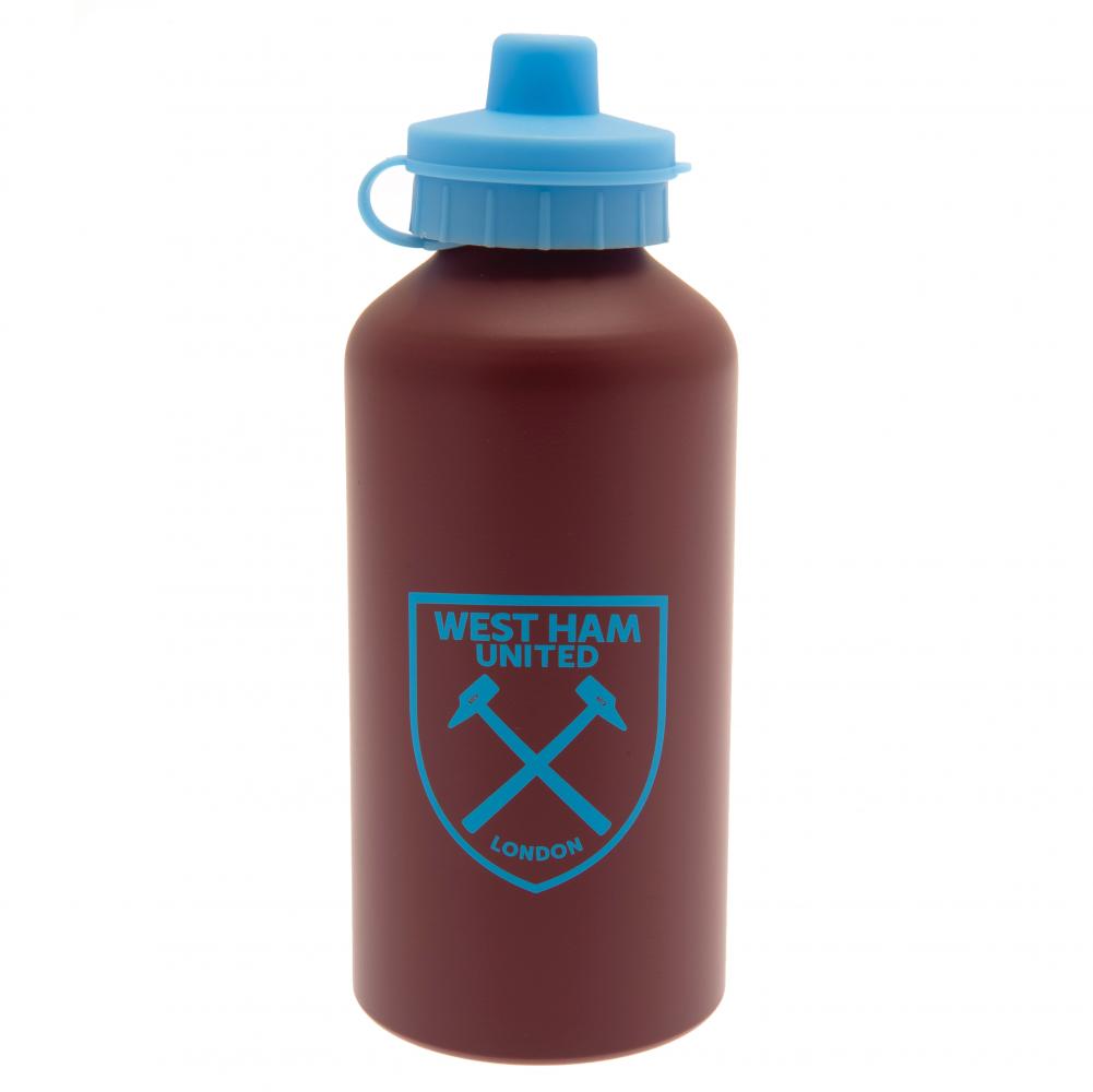 Claret water bottle with blue West Ham United logo and blue cap