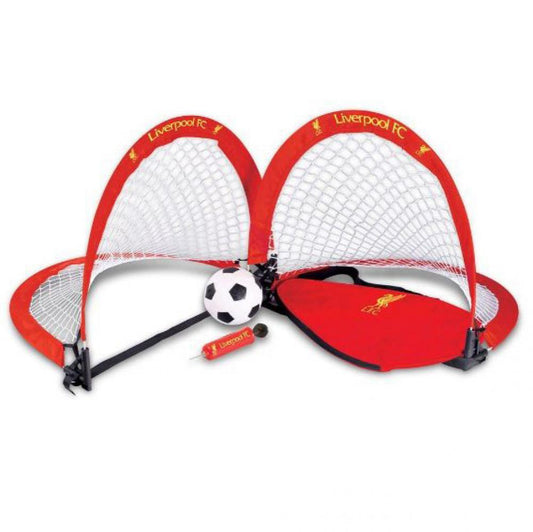 Red Liverpool FC soccer goal with a ball and pump on a white background