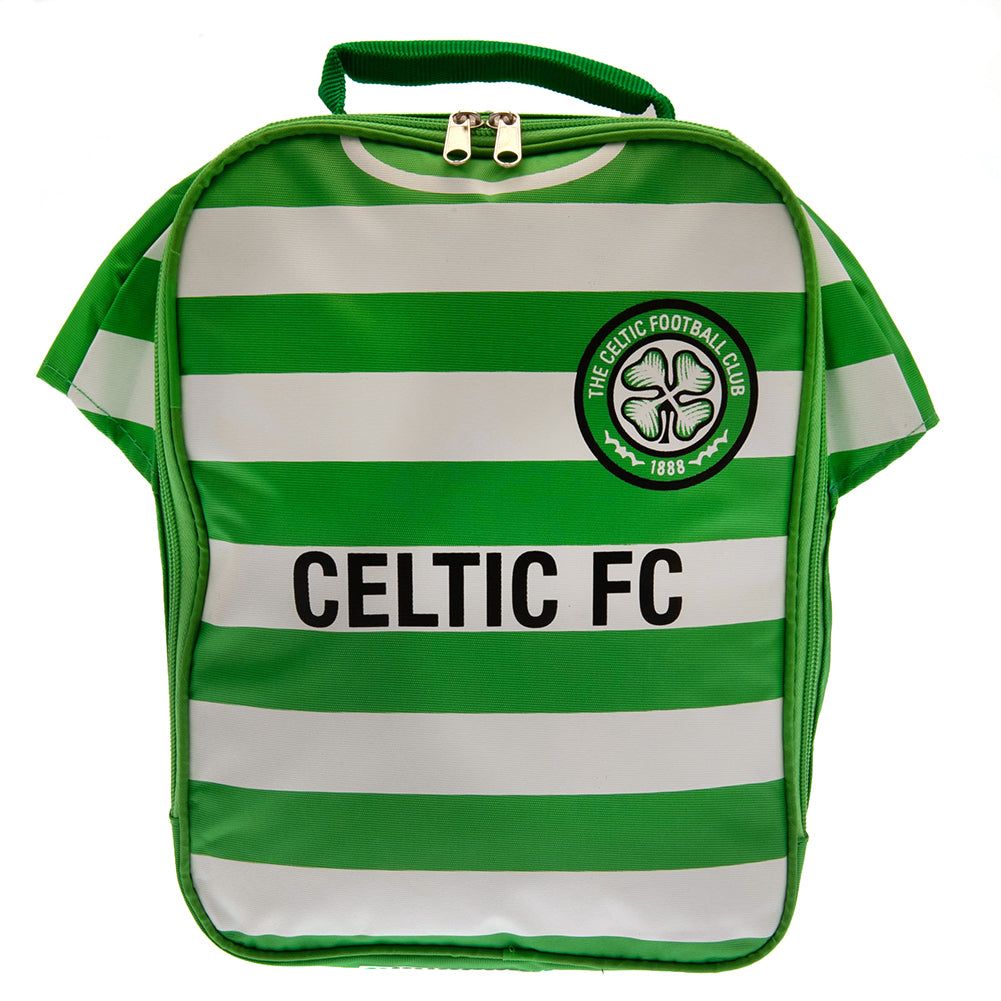 Green and white striped lunch bag with Celtic FC logo on a white background