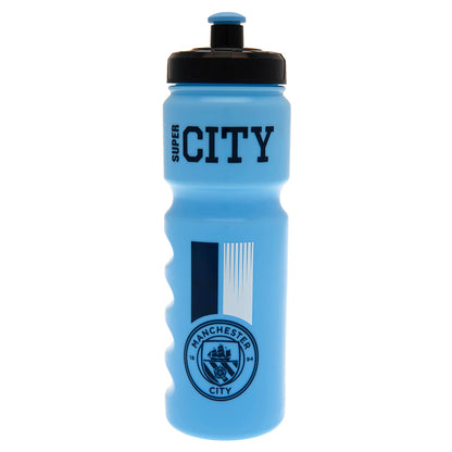 Blue water bottle with Manchester City logo