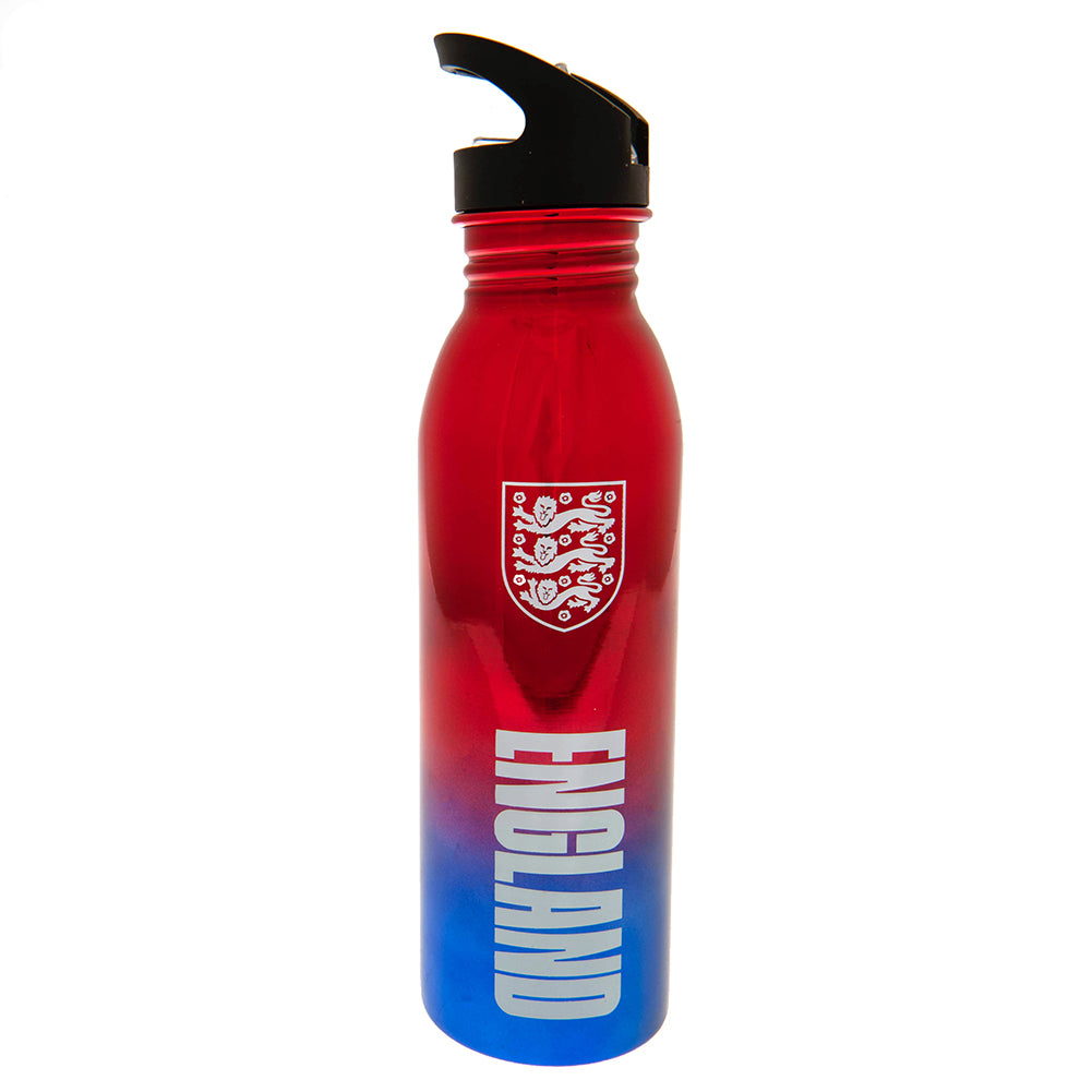 Red and blue water bottle with England logo