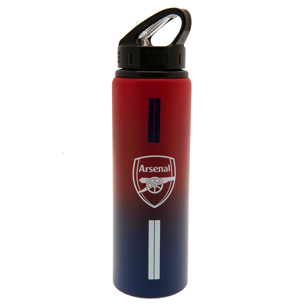 Red and blue water bottle with Arsenal logo on a white background