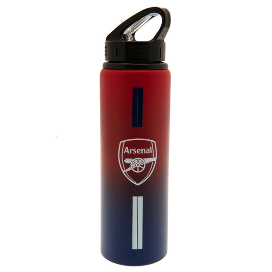 Red and blue water bottle with Arsenal logo on a white background