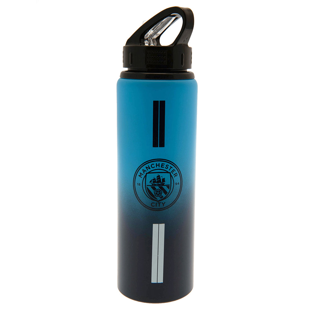 Blue and black water bottle with Manchester City logo on a white background