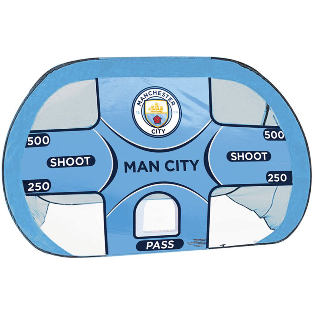 Manchester City-themed sports training goal with branding and scoring areas.