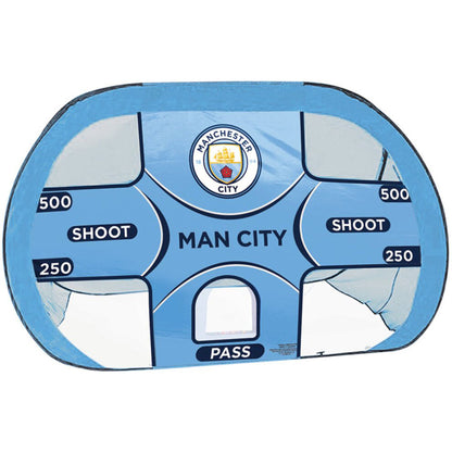 Manchester City-themed sports training goal with branding and scoring areas.