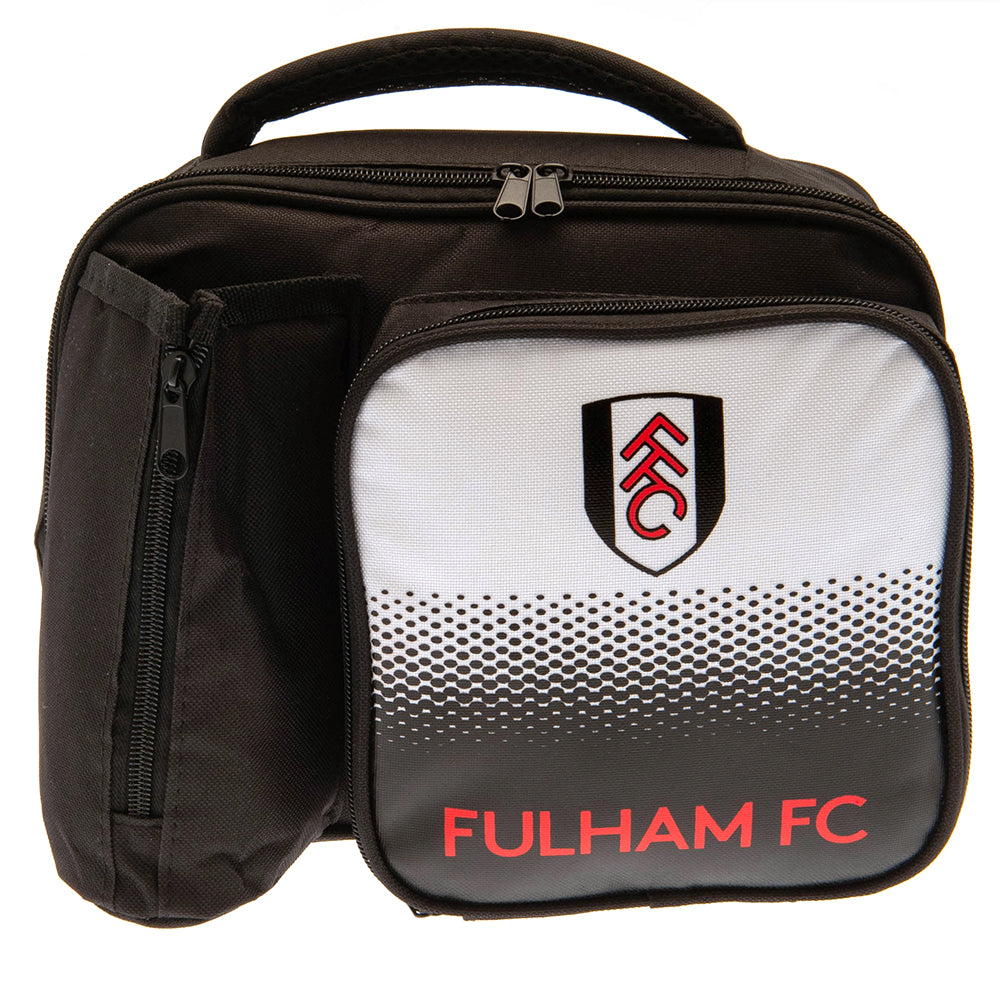 Black and white backpack with Fulham FC logo on a white background