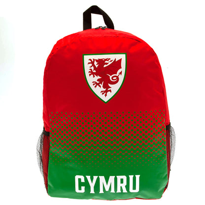Red and green Wales backpack with a dragon emblem and 'CYMRU' text on a white background