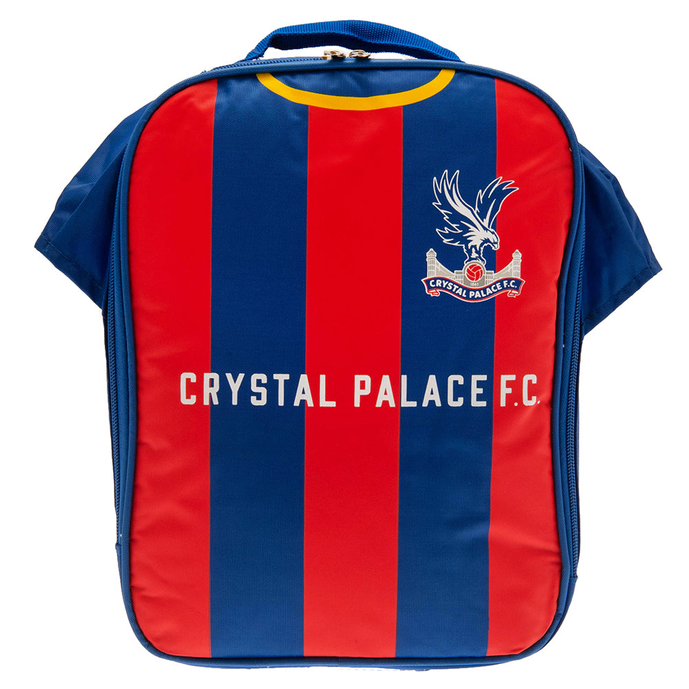 Lunch bag designed like a Crystal Palace F.C. soccer jersey on a white background