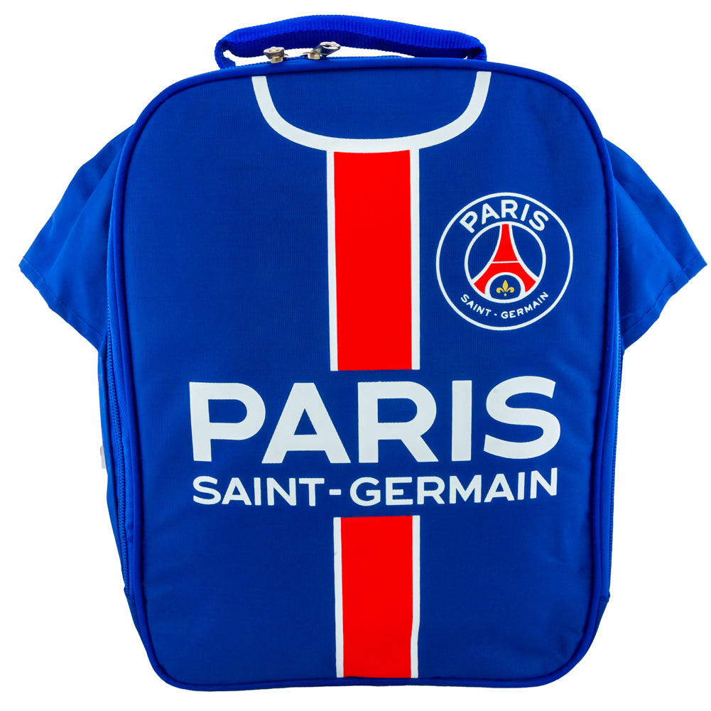 Blue lunch bag designed like a Paris Saint-Germain soccer jersey with red and white stripes.