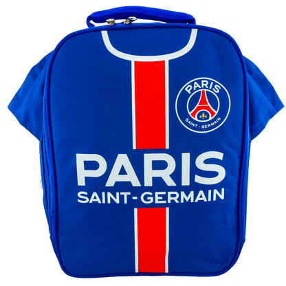 Blue lunch bag designed like a Paris Saint-Germain soccer jersey with red and white stripes.