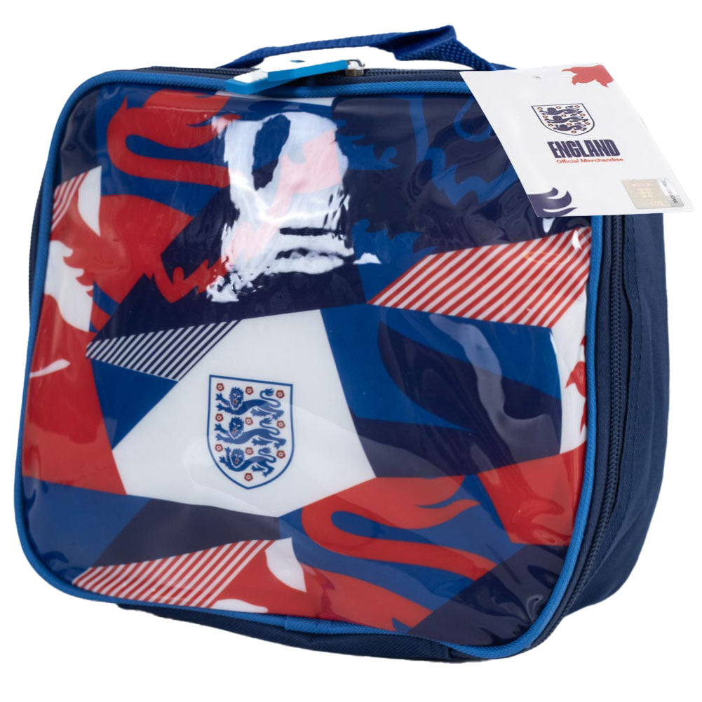 Rectangular lunch bag with England flag design and logo on a white background