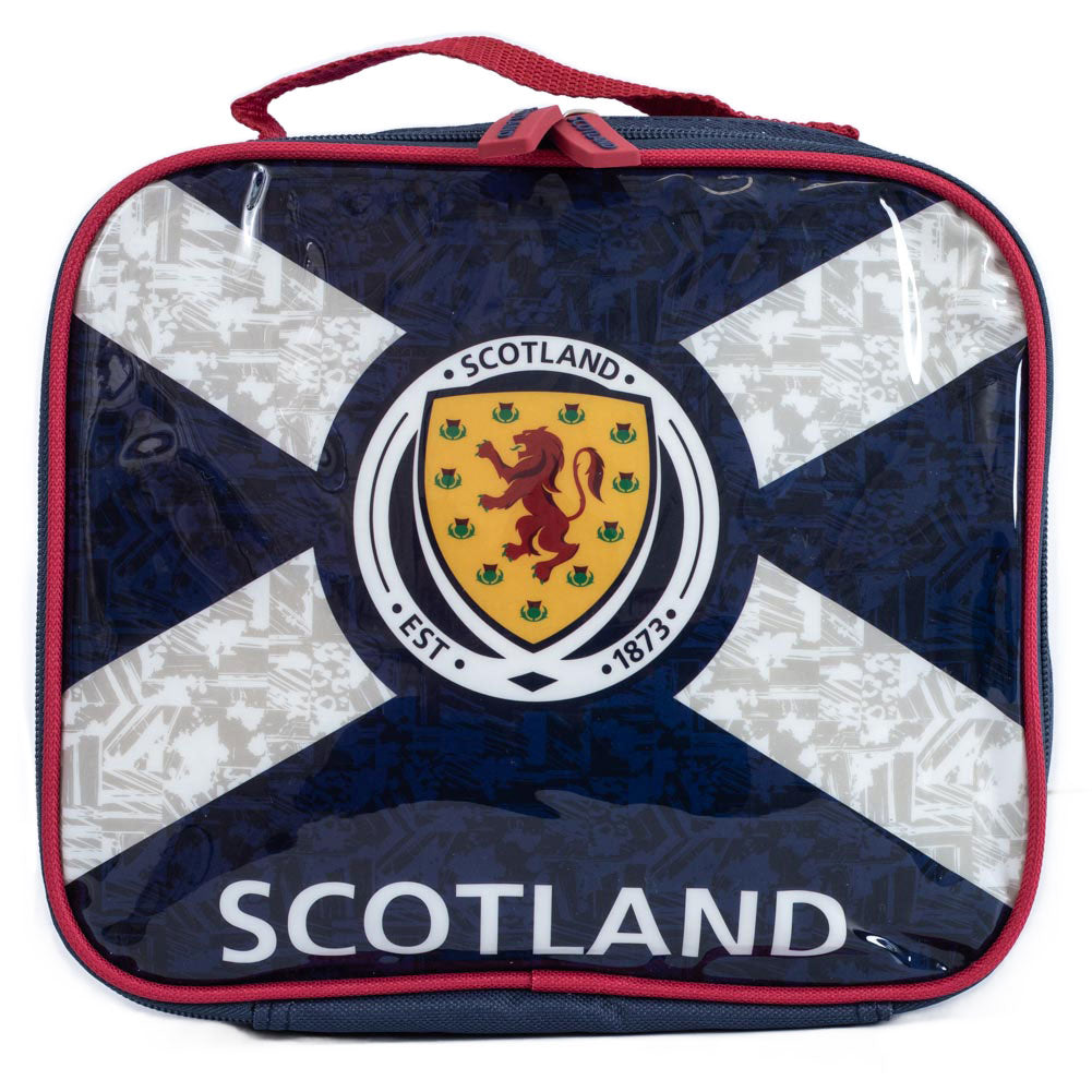 Lunch bag with Scottish flag design and emblem on a white background