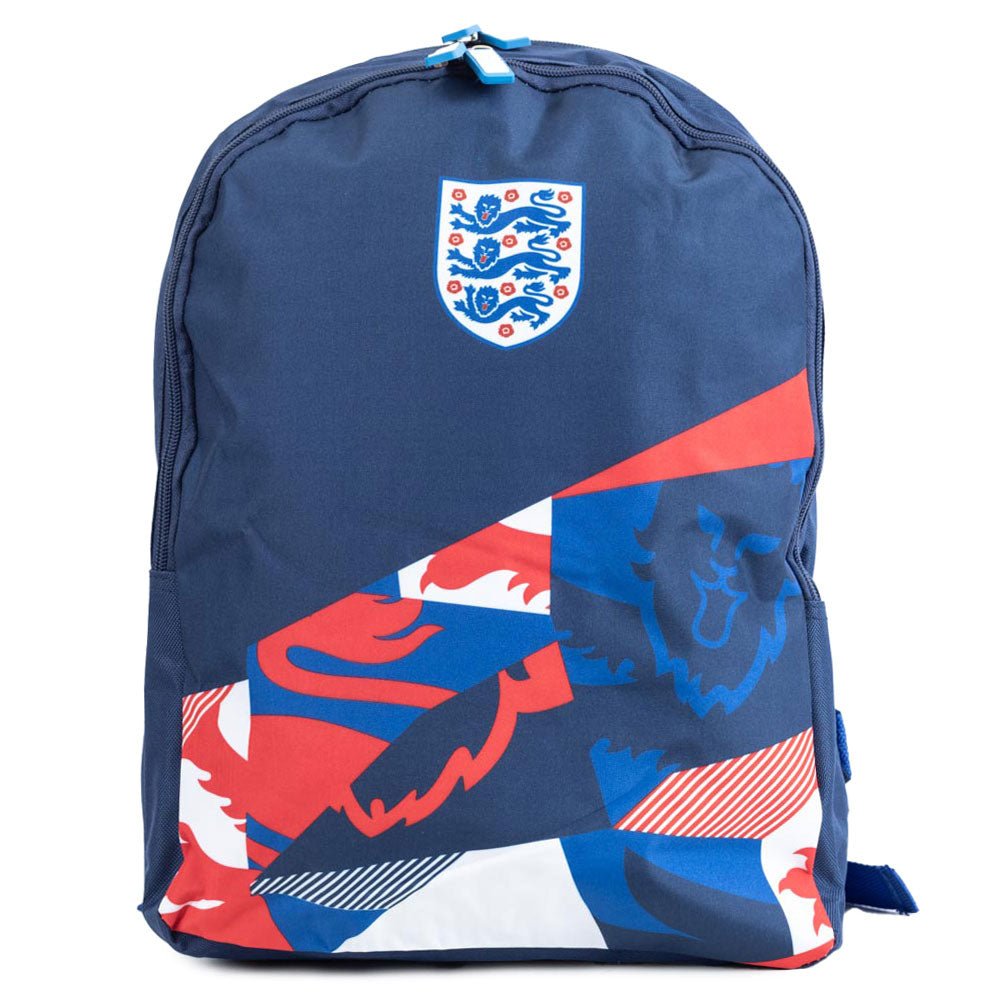 Navy blue England backpack with red and white patterns and a logo on a white background