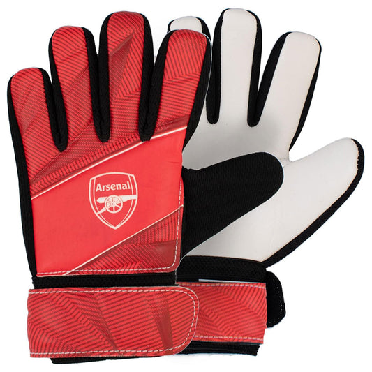 Red and white youths goalkeeper gloves with Arsenal logo on a white background