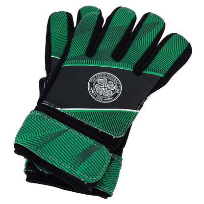 Celtic Green and black goalkeeper gloves with a logo on a white background