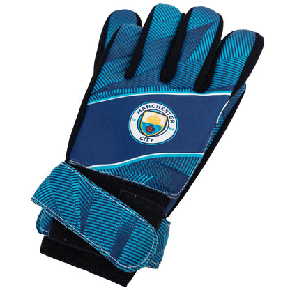 Blue goalkeeper glove with Manchester City logo on a white background