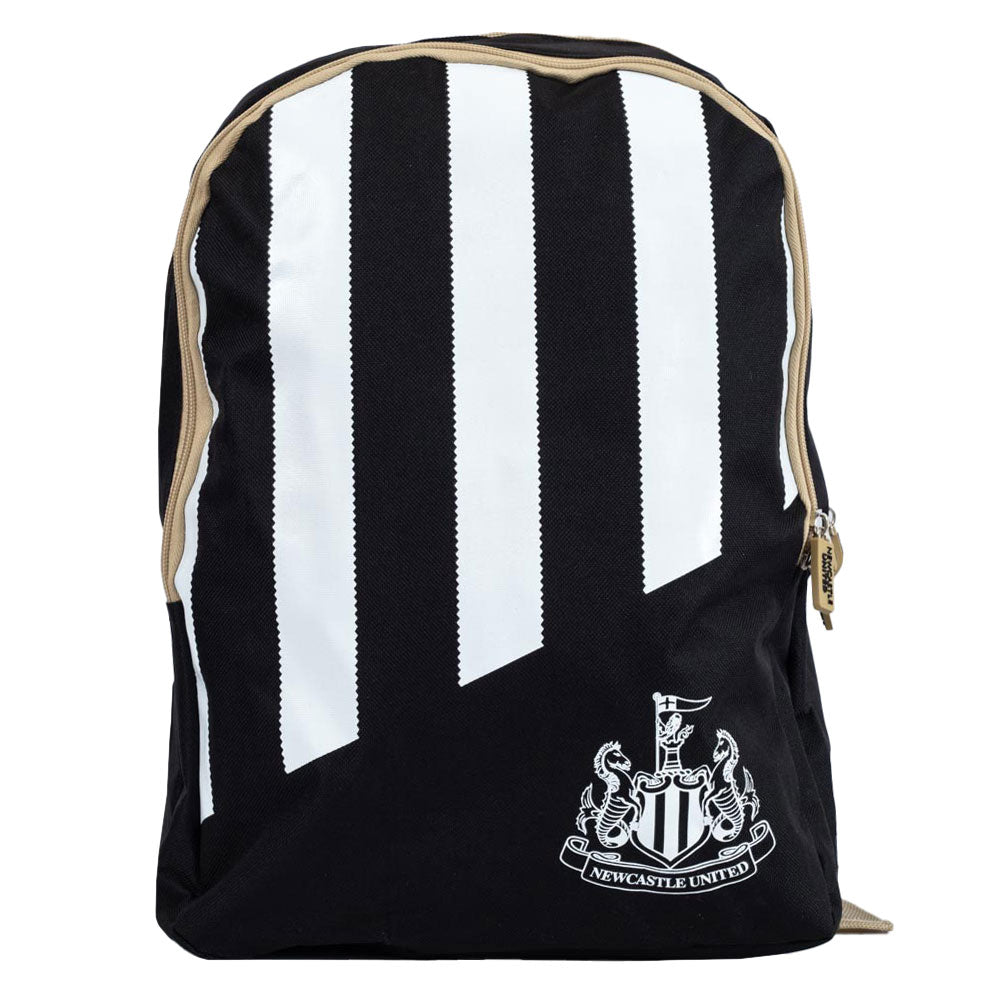 Black and white striped backpack with Newcastle United logo on a white background