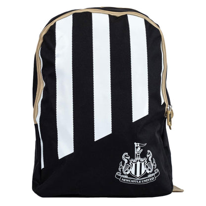 Black and white striped backpack with Newcastle United logo on a white background