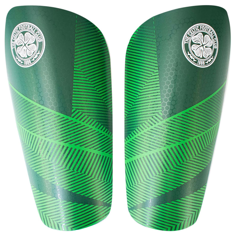 Green Celtic shin pads featuring the club crest