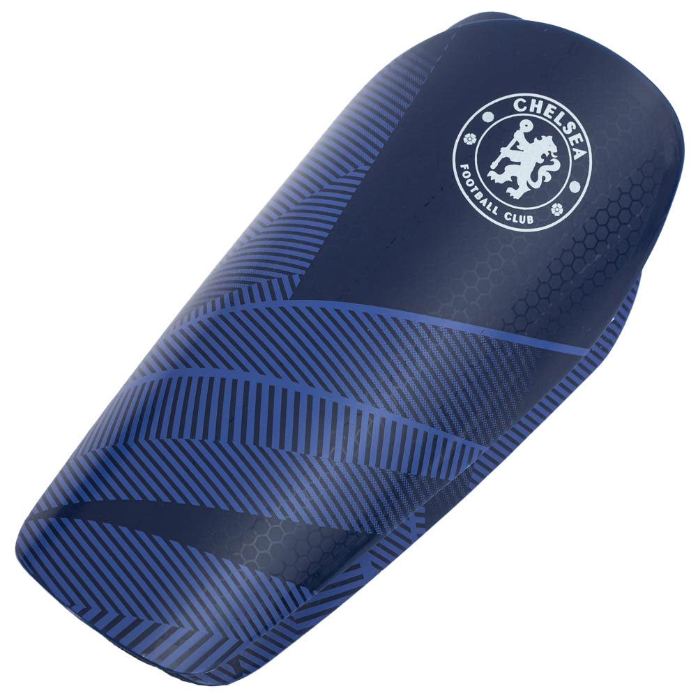 Blue kids shin pads with Chelsea Football Club logo on a white background