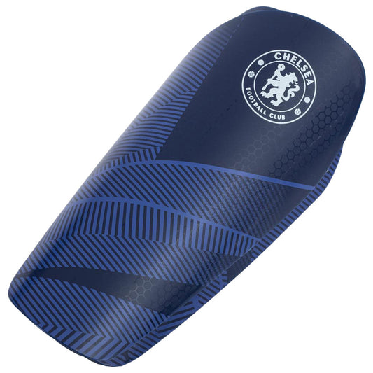 Blue kids shin pads with Chelsea Football Club logo on a white background