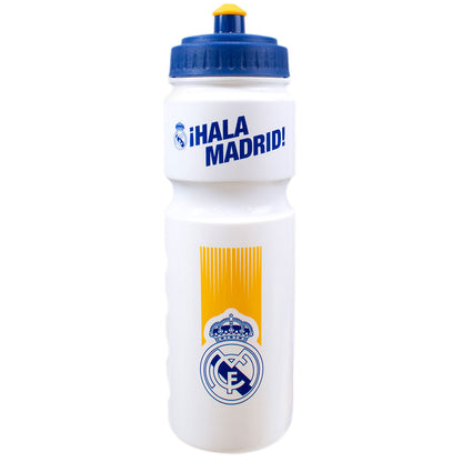 Water bottle with Real Madrid logo and text on a white background