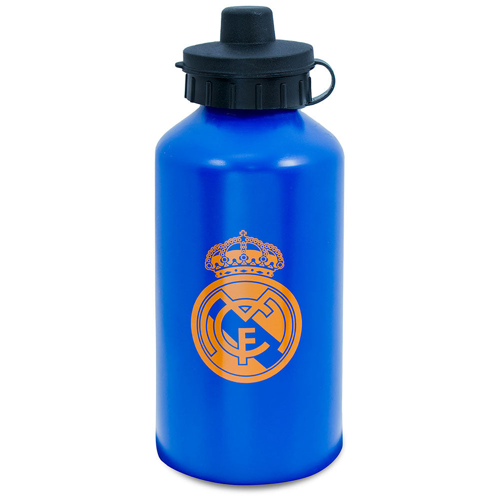 Blue water bottle with Real Madrid logo