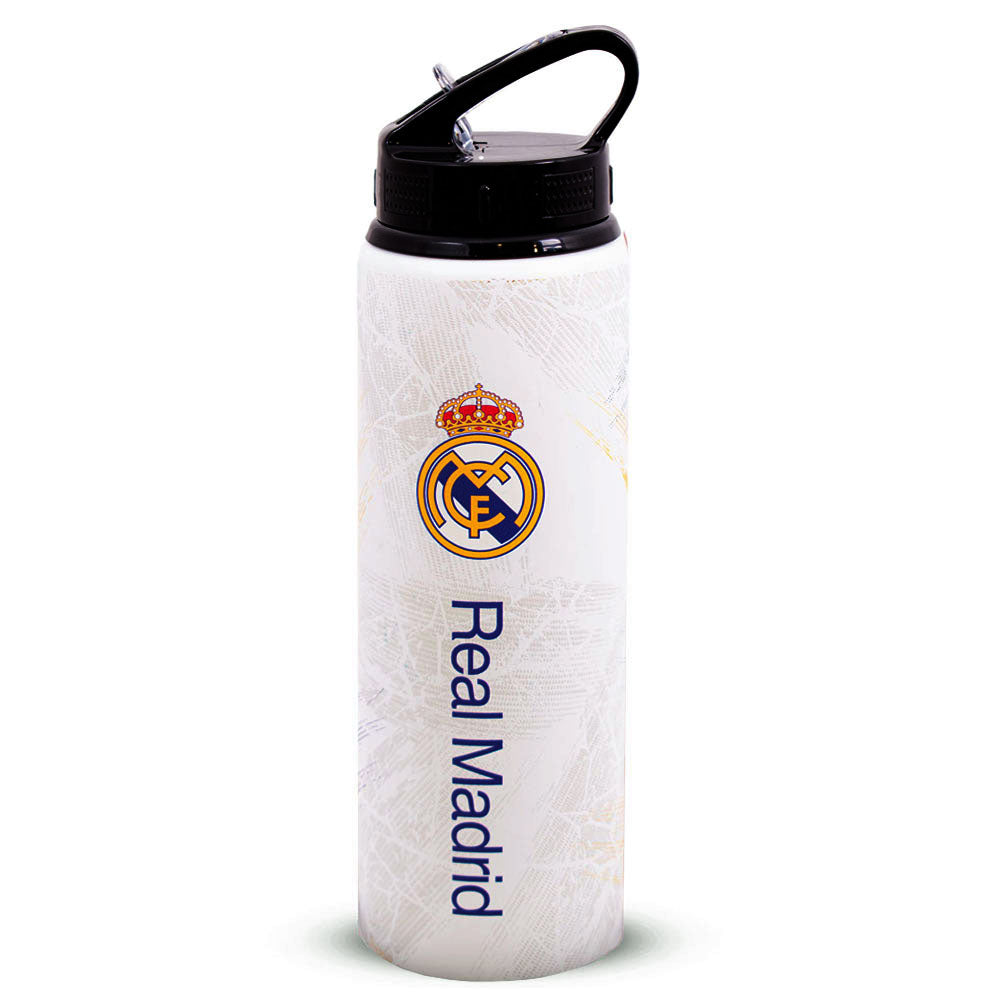 White water bottle with Real Madrid logo and text on a white background