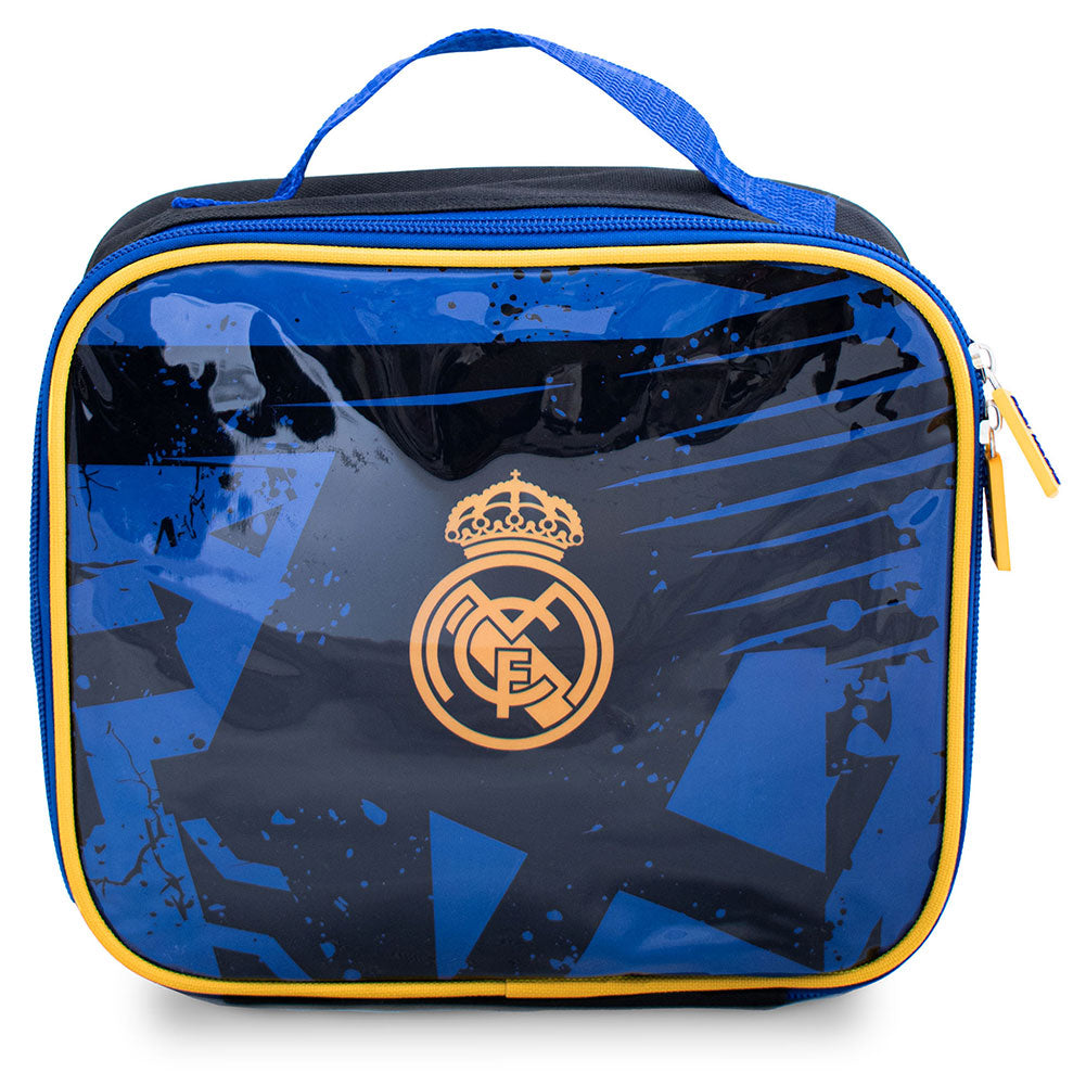 Blue and black insulated lunch bag with Real Madrid logo on a white background