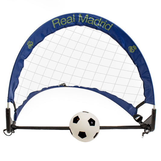 Soccer goal with 'Real Madrid' branding and a soccer ball on a white background