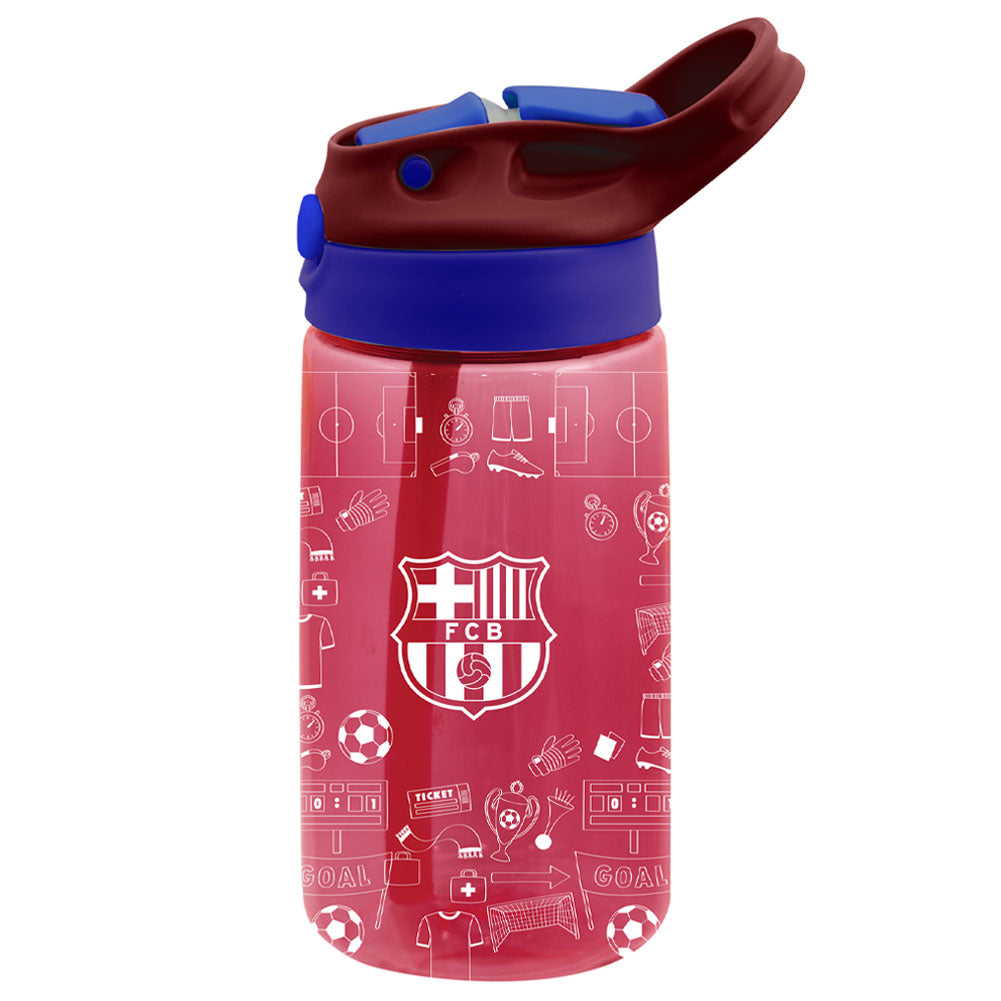 Red water bottle with blue lid featuring FC Barcelona logo and soccer-themed design on a white background
