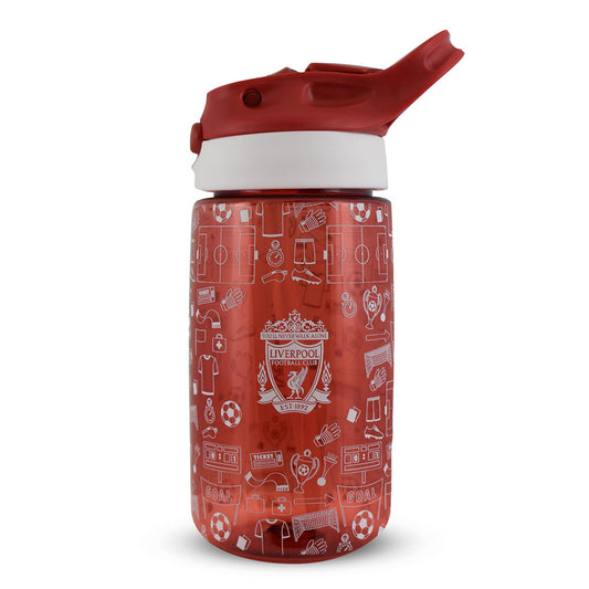 Red water bottle with white graphics and Liverpool FC logo on a white background