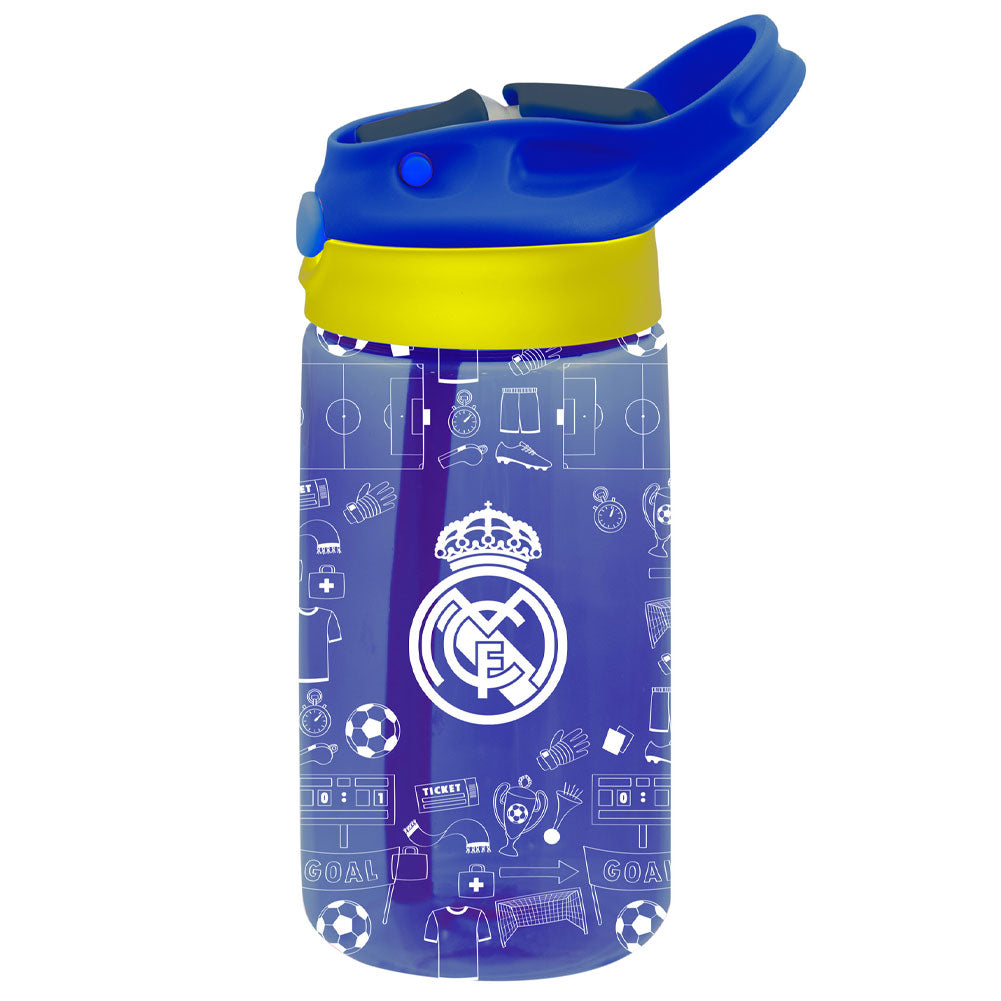 Blue water bottle with Real Madrid logo and football-themed design on a white background