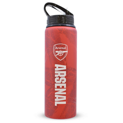 Red aluminium water bottle with Arsenal logo on a white background