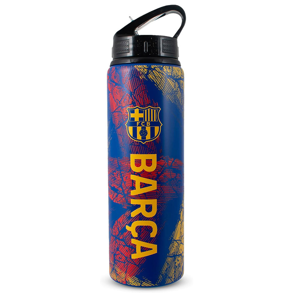 Water bottle with FC Barcelona logo and branding on a blue background