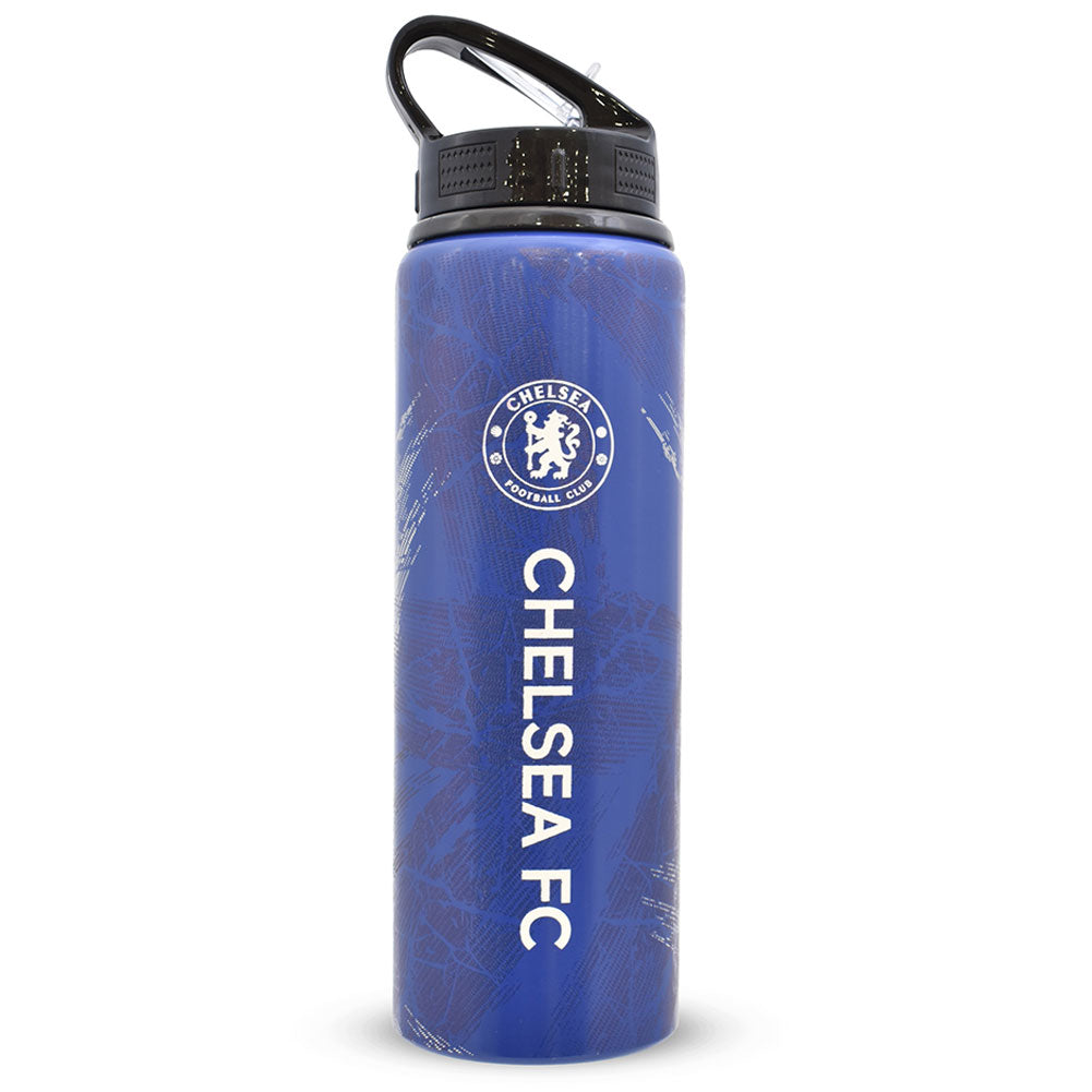Blue water bottle with Chelsea FC logo on a white background