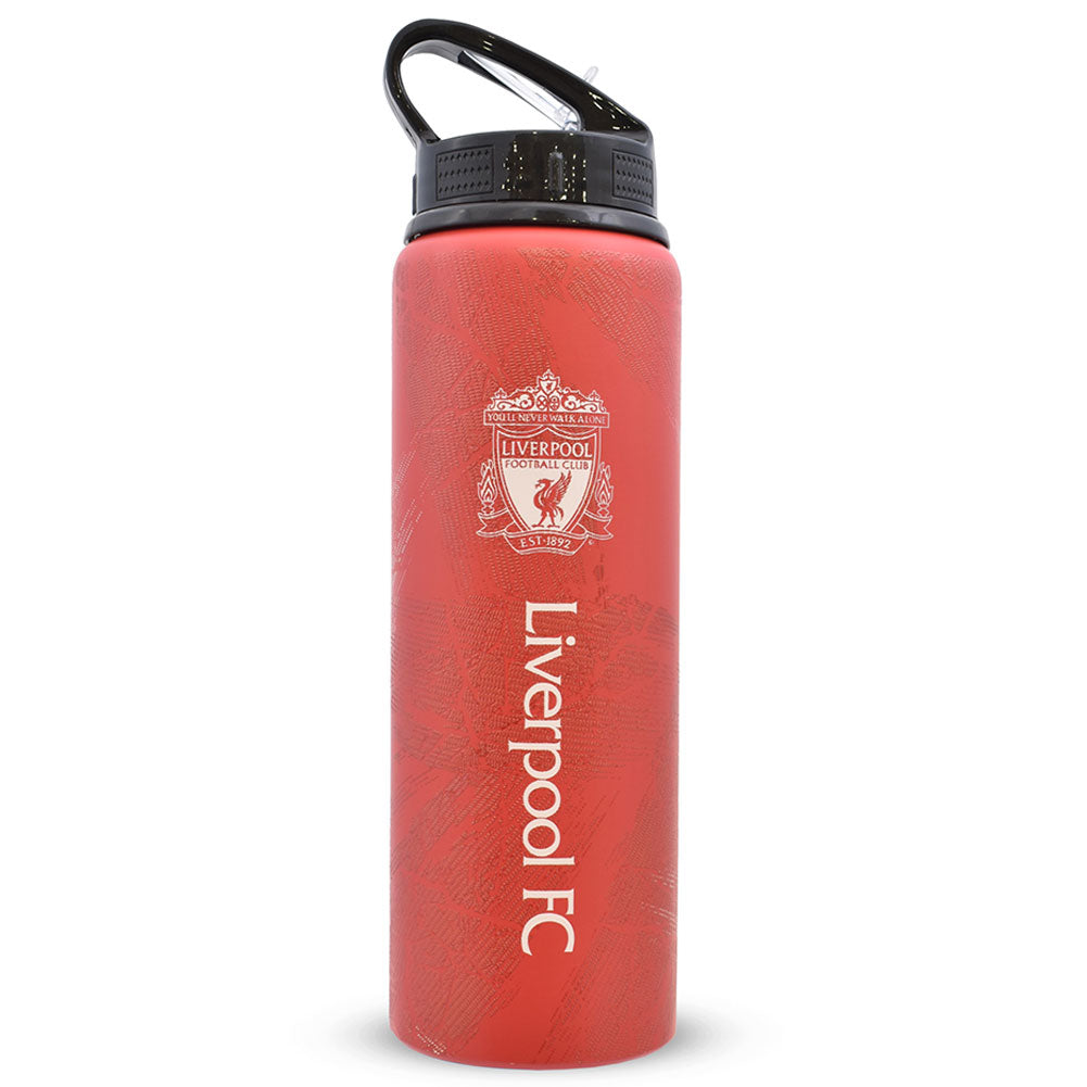 Red water bottle with Liverpool FC logo on a white background