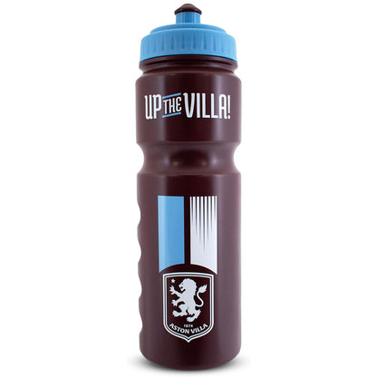 A dark claret plastic water bottle with a light blue cap, featuring the text 'UP THE VILLA!' and the Aston Villa club crest on the front.